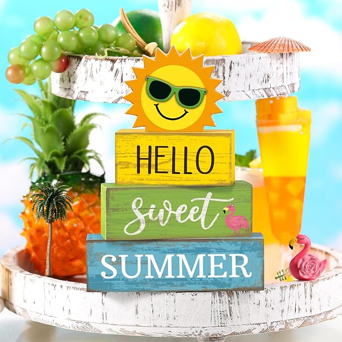 4 Pcs Summer Wooden Tabletop Decor Hello Sweet Summer Tiered Tray Decor Sunshine Centerpiece Rustic Summertime Decorative Block Signs Gift Farmhouse Table Decoration for Home Kitchen