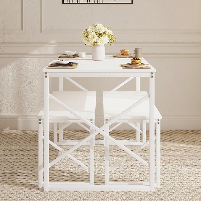 VECELO Dining Table with 2 Benches for 4, 43.3'' Wood Kitchen Room Dinette Sets with Metal Frame for Breakfast Nook and Small Space, White
