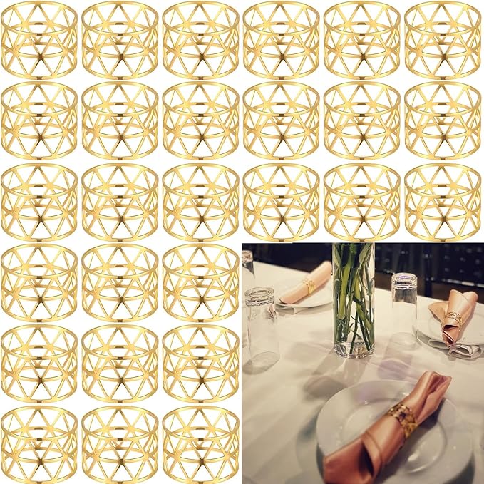 Set of 100 Napkin Rings Gold Metal Hollow Out Napkin Ring, Metal Napkin Rings Dinner Banquet Serviette Decor, Dining Table Setting for Thanksgiving Christmas Halloween Holiday Wedding Party