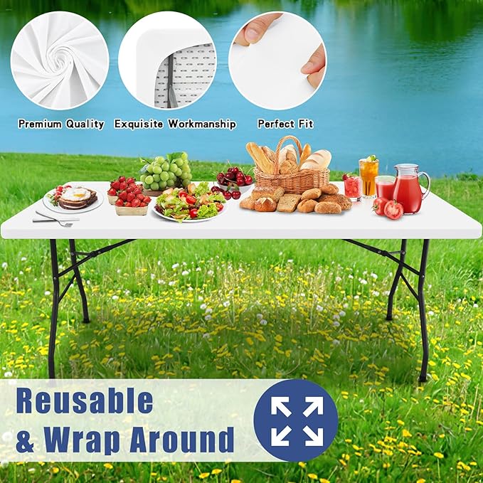Spandex 5 Foot Rectangle Table Cloth 2 Pack, Elastic Fitted Tablecloths for Picnic, Stretch Washable Patio Table Cover for Outdoor, Camping, Banquet and Parties (White, 36"x60")