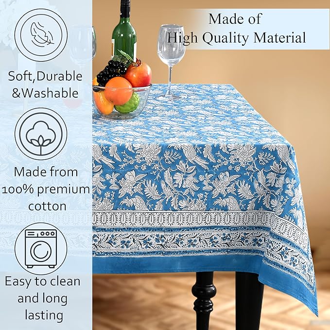 CPC Blue Sapphire 60X60 Inch Square Tablecloth Cotton Indian Block Print Tablecloth Handmade Printed Washable Cotton Table Cloth Spring Summer Weding Table Cover