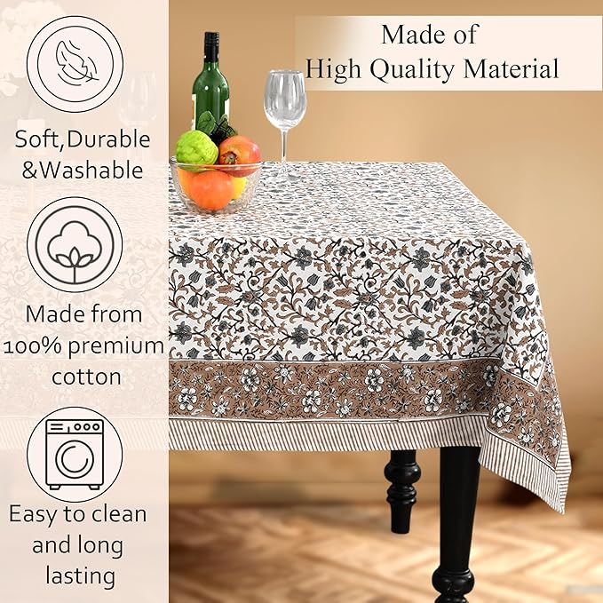CPC Autumn Vine Tablecloth 100% Cotton 60x60 Inch Indian Block Print Rectangle Table Cover, Table Cloth for Gifting in Weddings, Halloween, Fall, Christmas, Thanksgiving