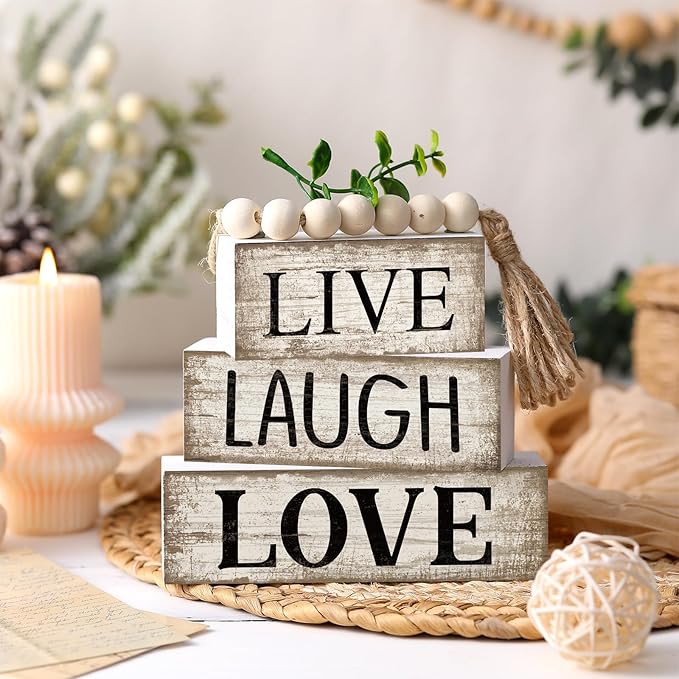 5 Pcs Rustic Farmhouse Tiered Tray Farmhouse Fake Books Decoration Life Laugh Love Wooden Tabletop Decor Love Block Decor Wood Block Sign Gift Centerpiece for Shelf Coffee Mantle Kitchen Table