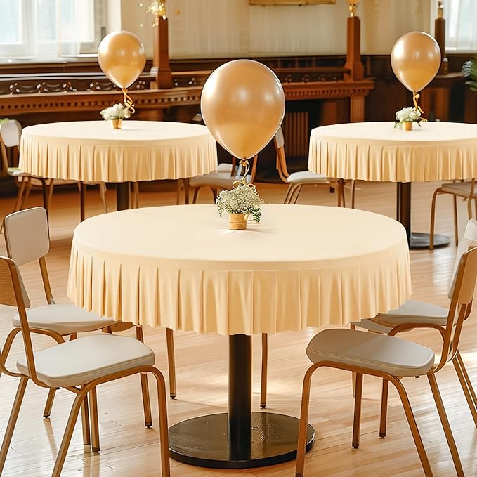 2 Pack Champagne Spandex Round Tablecloths for 60 inch Tables, Stretchy Fitted 5FT Round Table Cloths with Skirt for Wedding Party Dining Banquet