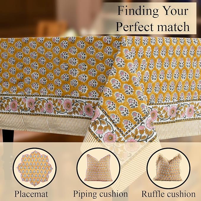 CPC Tablecloth 100% Cotton 72x140 Inch Indian Block Print Rectangle Table Cover, Yellow Table Cloth for Weddings, Spring/Summer, Barbeque - Yellow Citrine