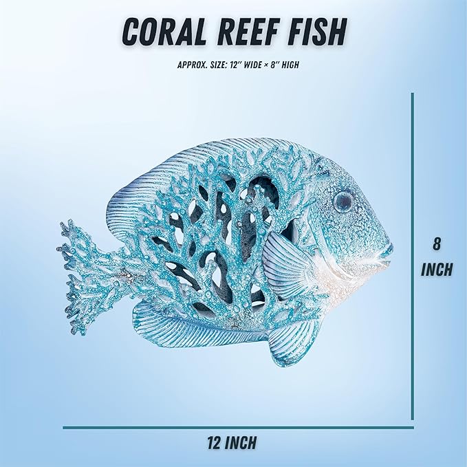 Coral Reef Fish Figurine Coastal Home Decor Ocean Themed Accent for Shelf, Countertop & Centerpiece 12 1/2 in (Blue)
