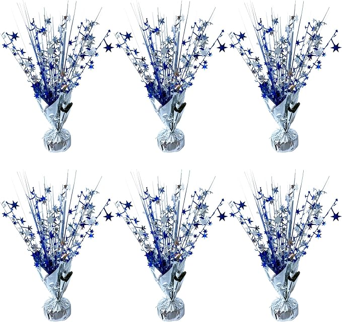 6 Pack Metallic Foil Spray Centerpiece Star Table Decoration Burst Table Centerpieces for Birthday Wedding Anniversary Graduation Holiday Party Supplies Decor, Silver Blue