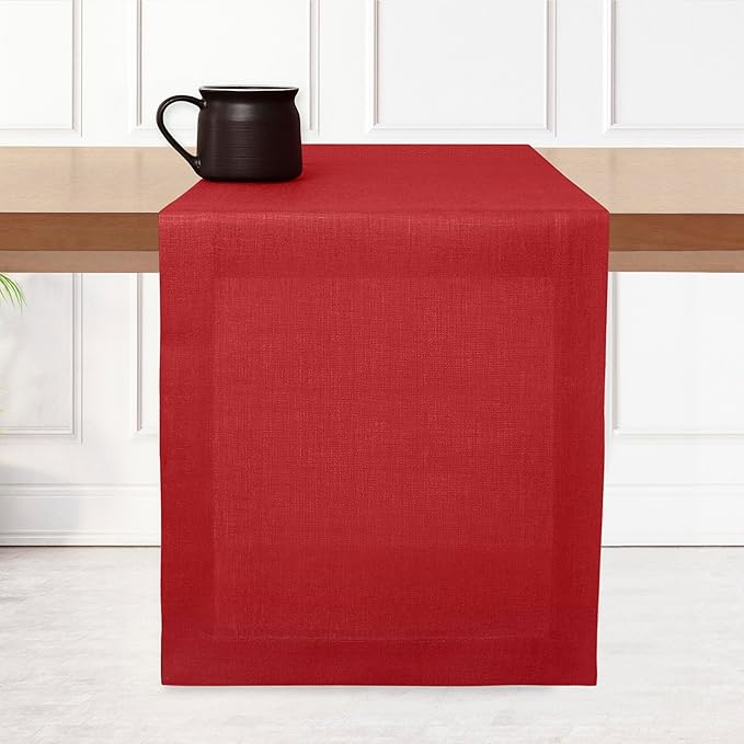 D'Moksha Homes Linen Table Runner 36 Inches - 100% Pure Linen Bright Red Small Table Runner 14 x 36 Inch for Dresser, Coffee Tables, Valentines, Spring, Easter - Machine Washable
