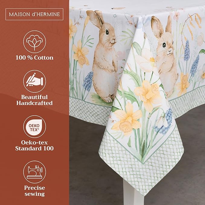 Maison d' Hermine Table Cloth Square Table 100% Cotton 54 x 54 Inches Tablecloth Reusable Decorative for Dining Room Farmhouse Home Valentines Day Decorations Spring Summer - Easter Dew
