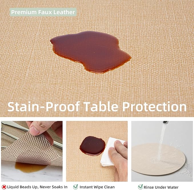 Round Wipeable Placemats Set of 6 – Faux Leather Round Table Mats, Waterproof & Washable Vinyl Placemats, Circle Design for Dining Table Decor– Warm Tan