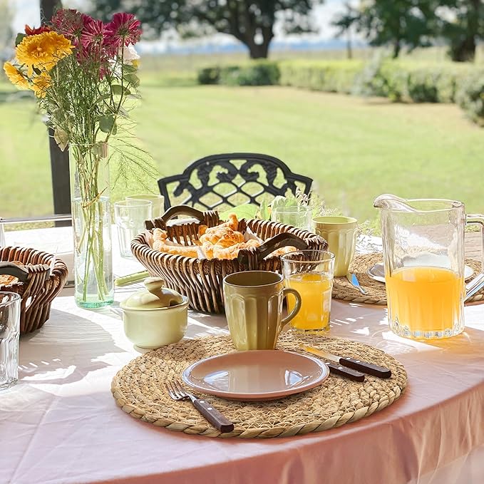 Aneco 4 Pack 12-Inch Round Woven Placemats Natural Hand-Woven Boho Rattan Wicker Bulrush Placemat Farmhouse Rustic Braided Table Mats for Dining & Kitchen Decor