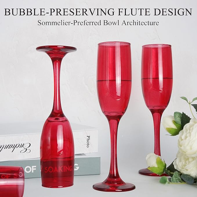 Champagne Flutes Glasses Set of 6-6oz Elegant Red Glass, Unique Red Colored Long Stem Champagne Flute Gift for Wedding, Anniversaries, Parties, Birthday, Restaurant, Home Bar