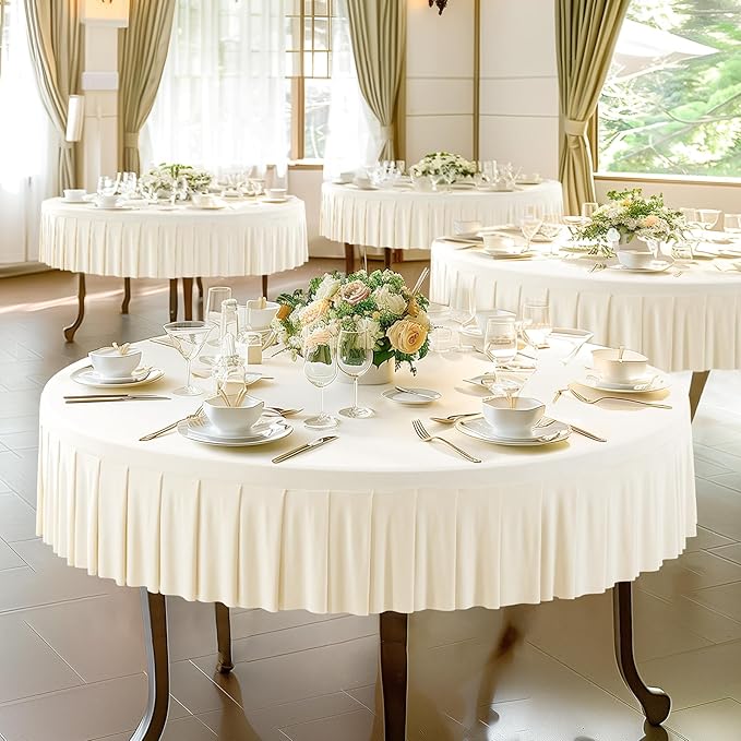 2 Pack Ivory Spandex Round Tablecloths for 60 Inch Tables, Stretchy Fitted 5FT Cloths, Wrinkle-Free Cover With Skirt for Wedding, Party, Dining, Banquet