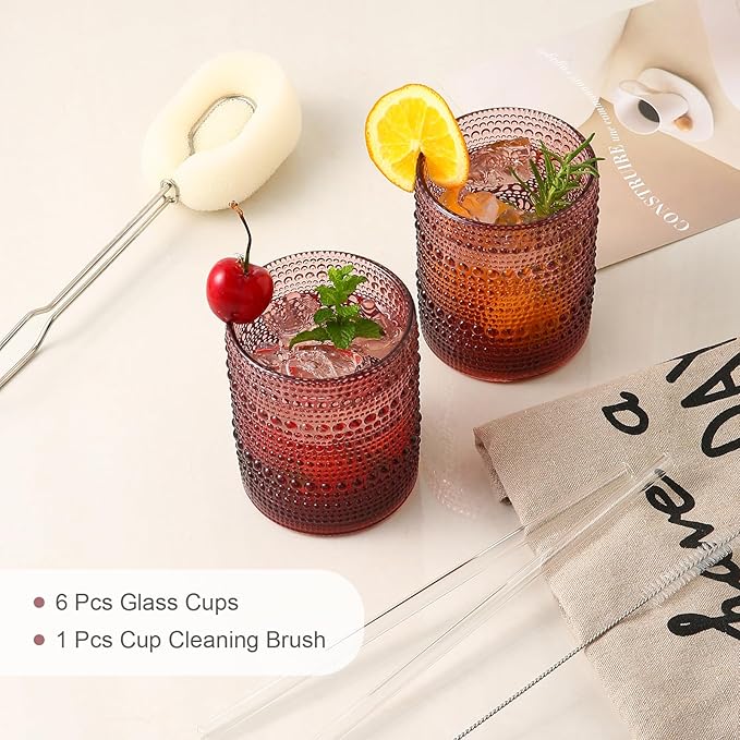 Vintage Glassware Drinking Glasses Set of 6,12 oz Hobnail Glass Cups,Embossed Purple Water Tumbler,for Beer,Cocktail,Whiskey,Juice and Various Mixed Drinks- 1 Cleaning Brush