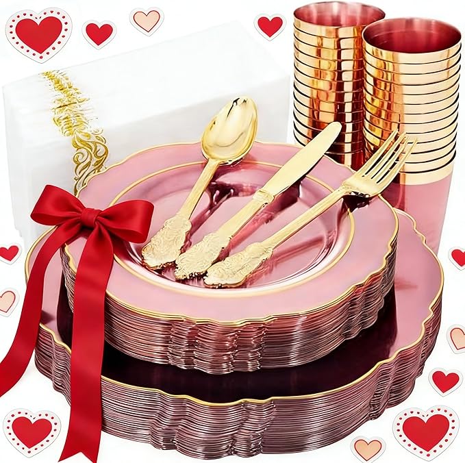 KIRE 210Pcs Clear Pink Plastic Plates with Gold Rim - Disposable Pink Plates&Silverware&Pink Cups&Hand Napkin - Plum Colored Plastic Dinnerware for Upscale Wedding/Valentine's Day