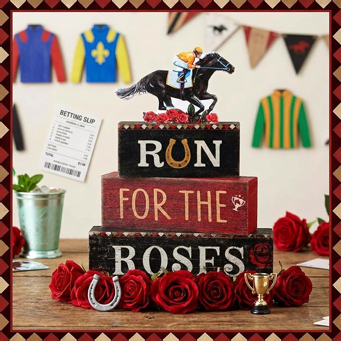 4 Pcs Derby Day Party Decorations Horse Centerpieces for Tables Run for The Roses Table Signs Horsing Racing Wooden Decorations for Derby Shelf Office Festival Party Supplies