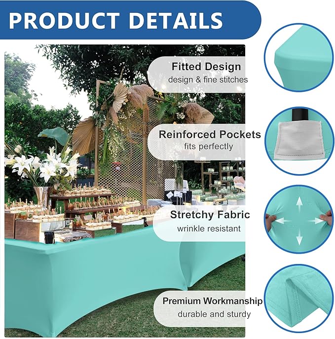 Fitted Stretch Table Cover for 6 foot Rectangle Tables-8 Pack Aqua Blue Spandex Tablecloth-Elastic Folding Tablecloths for Party, Vendor Booth Display, Banquet Buffet Event, Craft Trade Show