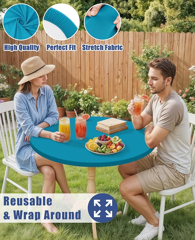 Round Spandex Tablecloth, Elastic Fitted Waterproof Tablecloths for 45"-56" Tables, Stretch Washable Picnic Table Cover for Camping, Dining, Indoor and Outdoor, Turquoise