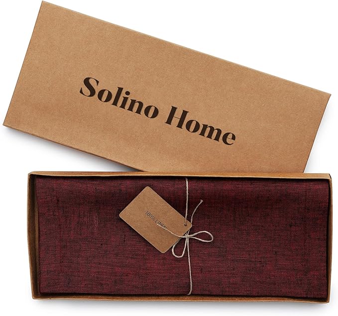 Solino Home Linen Table Runner 36 Inches - 100% Pure Linen Red Garnet Table Runner 14 x 36 Inch Ideal for Dresser and Coffee Tables - Valentines, Winter - Athena