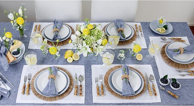 Solino Home Linen Tablecloth 60 x 144 Inch - 100% Pure Linen Chambray Indigo Table Cloth for Rectangle Tables - Athena, Machine Washable Tablecloth for Spring, Easter