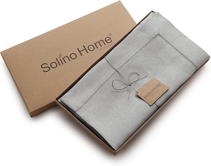 Solino Home Linen Soft Grey Tablecloth 60 x 132 Inch - Classic Hemstitch, 100% Pure Linen Rectangular Tablecloth - Machine Washable Table Cloth for Winter, Spring, Easter