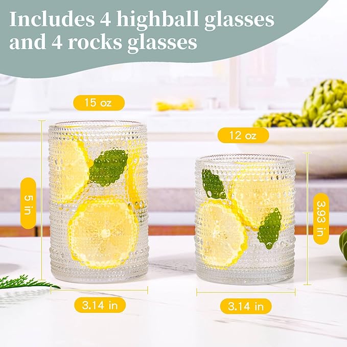 Green Hobnail Drinking Glasses Set of 8，15 oz Vintage Highball Glassess & 12 oz Cocktail Glasses，Drinkware Kitchen Glasses for Cocktail, Iced Coffee, Beer, Ice Tea, Wine, Whiskey, Water