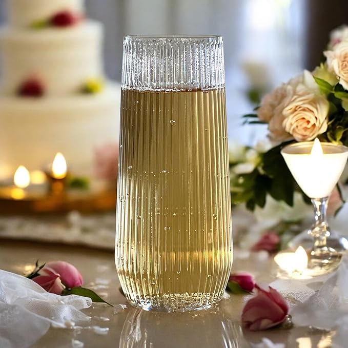 48 Pack Ribbed Ripple Stemless Toasting Glasses, Origami Durable 9 Oz BPA-Free Disposable Plastic Champagne Flutes for Weddings, Bars, Events, and Celebrations (Clear)