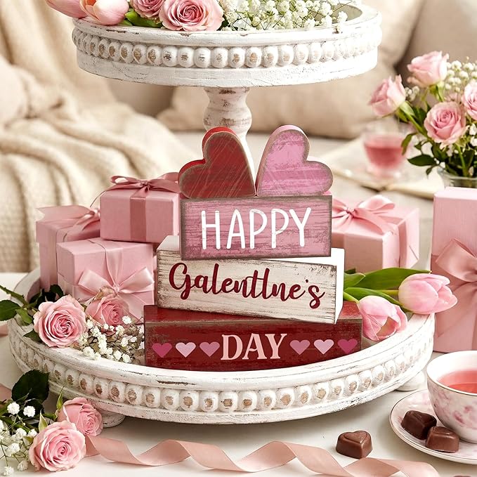 5 Pcs Happy Galentines Day Decorations Wooden Hearts Table Centerpiece Happy Galentines Day Party Table Sign for Valentines Tiered Tray Desk Mantle Shelf Decor