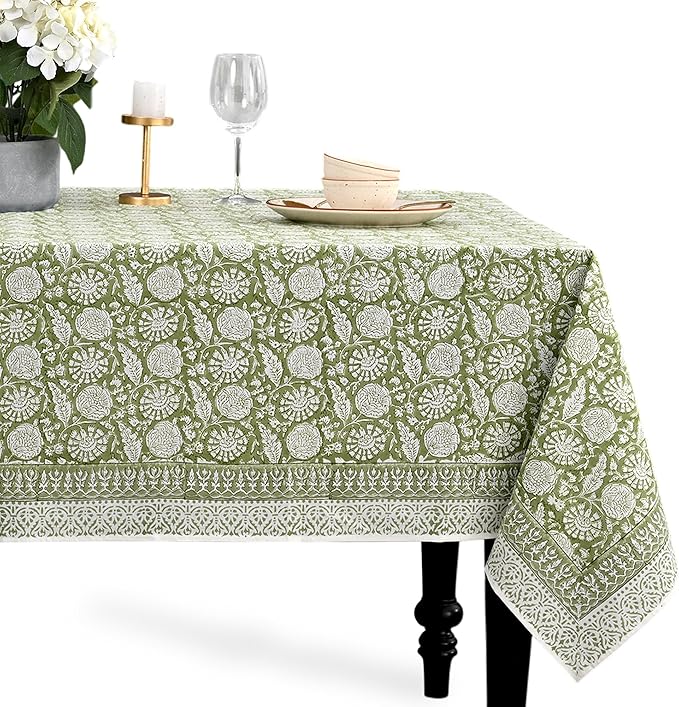 CPC Olive Bloom Tablecloth 100% Cotton 72x140 Inch Indian Block Print Rectangle Table Cover, Table Cloth for Gifting in Weddings, Halloween, Fall, Christmas, Thanksgiving