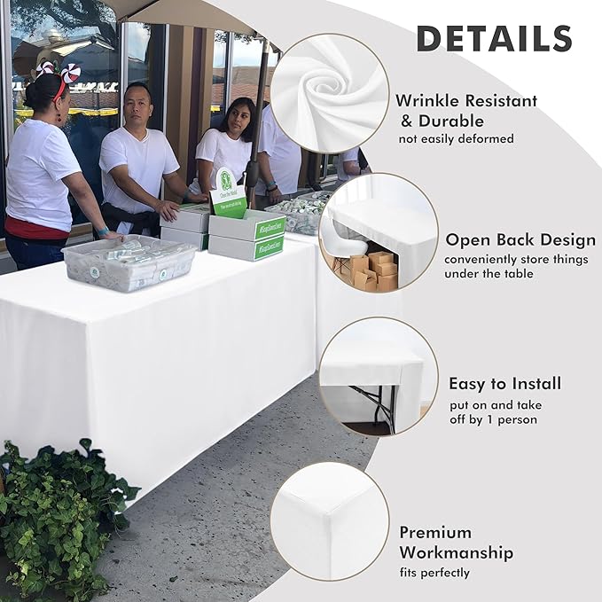 Nasitos 4 Pack White Tablecloth Fitted for 6 Foot Rectangle Tables-Open Back Table Cover Washable and Wrinkle Resistant Table Cloth for Parties, Wedding, Banquet, Jewelry Shows, Craft Fair, Trade Show