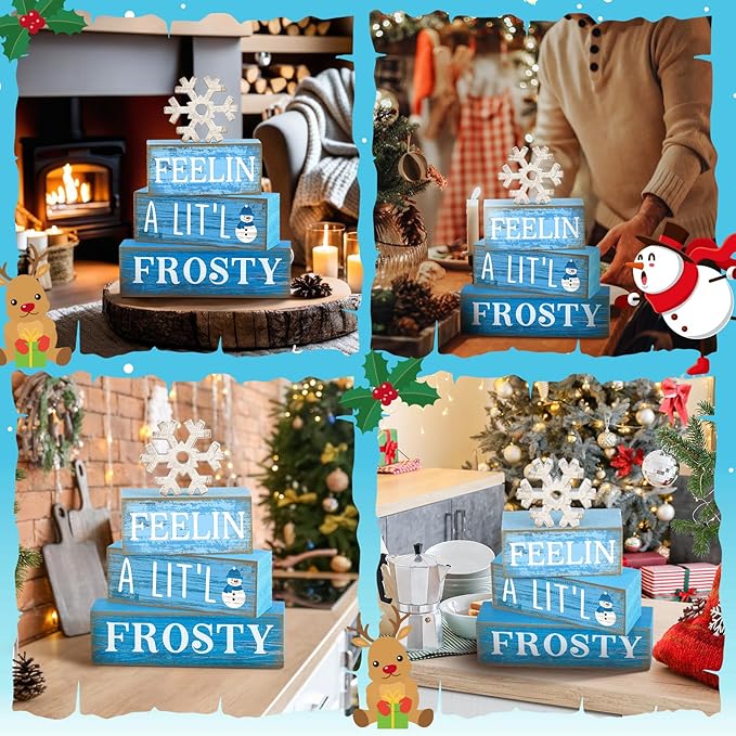 4 Pcs Winter Wooden Tabletop Decor Christmas Snowflake Tiered Tray Decor Rustic Wood Block Sign Gift Winter Centerpiece for Shelf Office Farmhouse Table Frozen Birthday Party Decoration