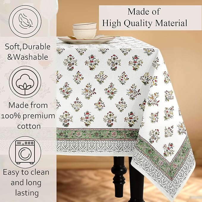 CPC Tablecloth 100% Cotton 60x90 Inch Indian Block Print Rectangle Table Cover, Washable Table Cloth for Weddings, Spring/Summer, Barbeque - Forest Green