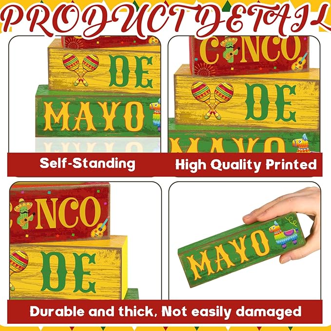 4 Pcs Cinco De Mayo Decorations Wooden Mexican Table Farmhouse Cinco De Mayo Tiered Tray Decor Fiesta Stacked Blocks Tabletop Decorative Book Mexican Centerpieces for Carnival Shelf Home