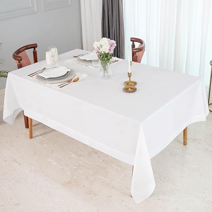 D'Moksha Homes White Linen Tablecloth for Rectangle Tables 60 x 140 Inch - Classic Hemstitch 100% Pure Linen White Tablecloth - Machine Washable Cloth Table Cloth for Valentines, Spring, Easter