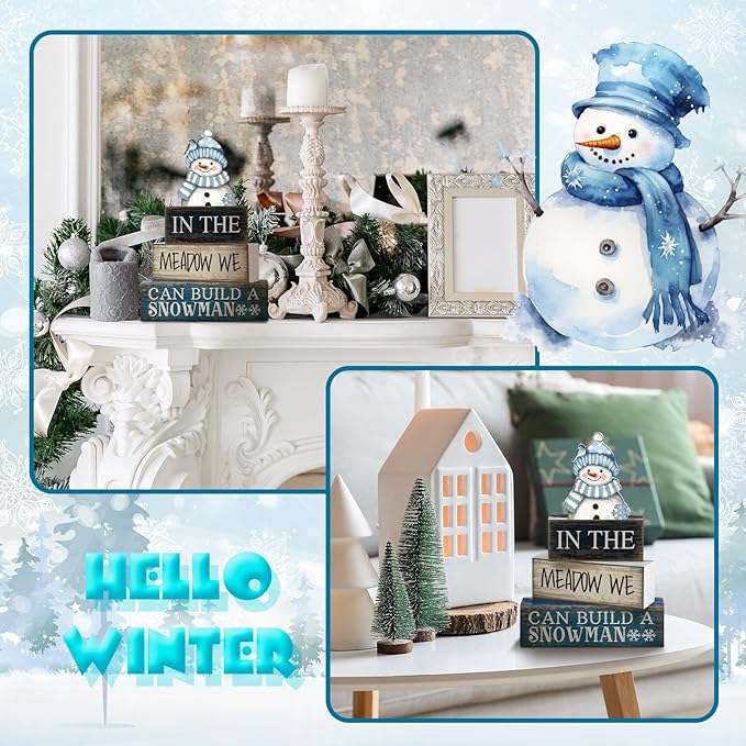 4 Pcs Winter Table Decoration Blue Snowman Decor Winter Tiered Tray Decor Christmas Centerpiece Decorative Wooden Snowman Block Sign Decoration for Home Kitchen