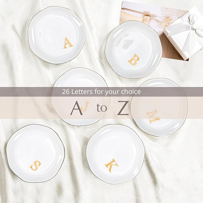 ProCase Ceramic Jewelry Tray, Initial Ring Dish Trinket Plate Engagement Gift, Small Personalized Monogram Ring Bowl for Wedding, White Decorative Jewelry Holder for Women Vanity -Letter S