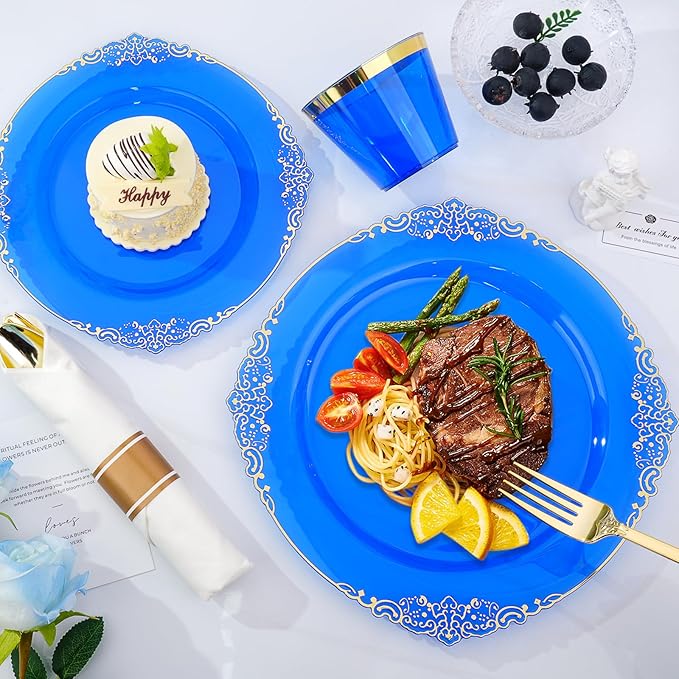 350 PCS Blue and Gold Plastic Plates, Disposable Dinnerware Set for 50 Guests, 100 Disposable Plates, 150 Silverwares, 50 Cups, 50 Napkins for Wedding, Party, Graduation