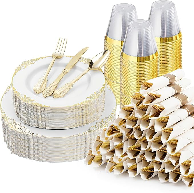 350PCS Gold Plastic Plates for 50 Guests, Disposable Dinnerware Sets Include 100 Gold Rim Plastic Plates, 50 Silverwares, 50 Cups, and 50 Pre Rolled Napkins for Party, Wedding, Graduation