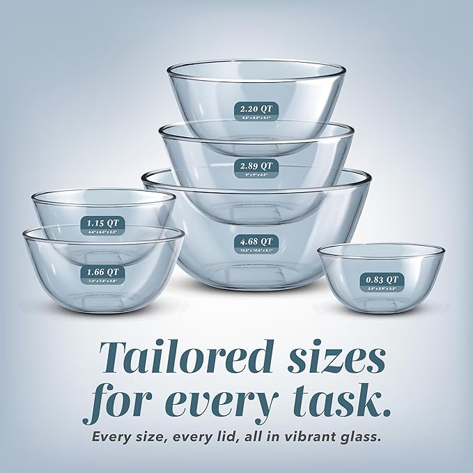 COOK WITH COLOR 12 Pc Glass Mixing Bowl Set with Lids – Borosilicate Glass Nesting Bowls for Cooking, Baking and Meal Prep, Colored Blue