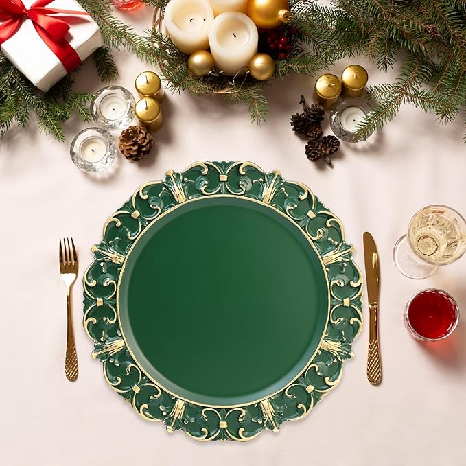 Green Charger Plates Set of 6, Decorative Table Plastic Chargers for Dinner Plates, Party, Wedding, Thanksgiving, Christmas, FD1GR