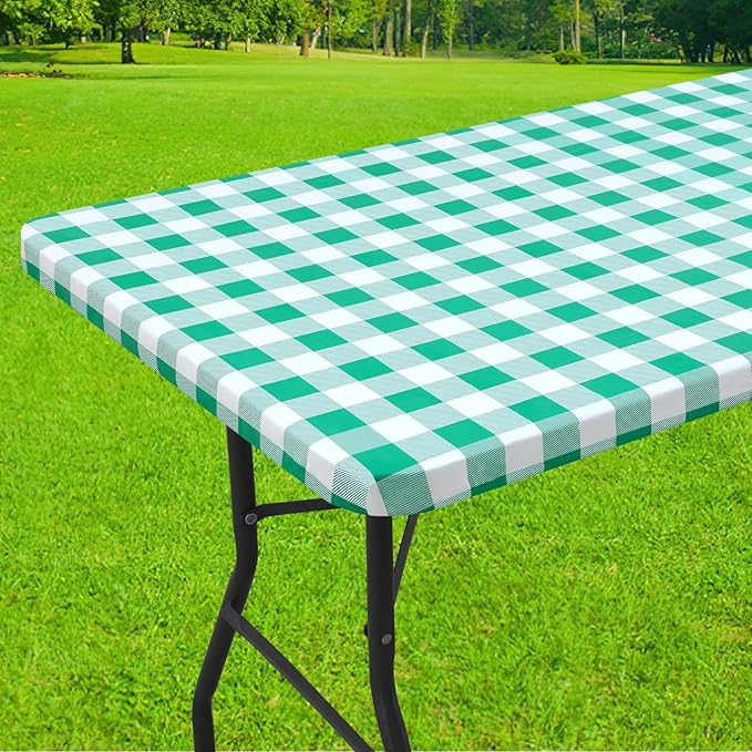 Smiry Rectangle Picnic Table Cloth, Elastic Waterproof Fitted Vinyl Tablecloths, Flannel Backed Buffalo Plaid Table Covers for Dining, Camping, Outdoor (White and Green, 36" x 60")