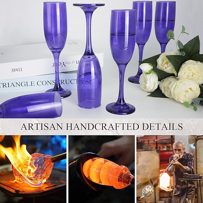 Champagne Flutes Glasses Set of 6-6oz Elegant Purple Glass, Unique Purple Colored Long Stem Champagne Flute Gift for Wedding, Anniversaries, Parties, Birthday, Restaurant, Home Bar