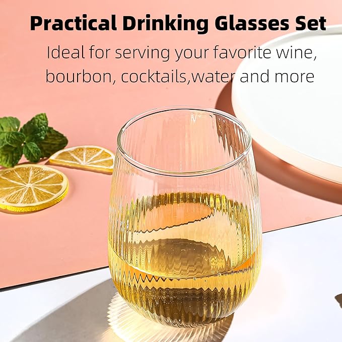 Stemless Wine Glasses Set of 12, 17Oz Red/White Wine Glasses with No Stem, Strip Textured Glassware Set, Dishwasher Safe, Ideal for Daily Use, Home Bar, Birthdays, Housewarming Gift