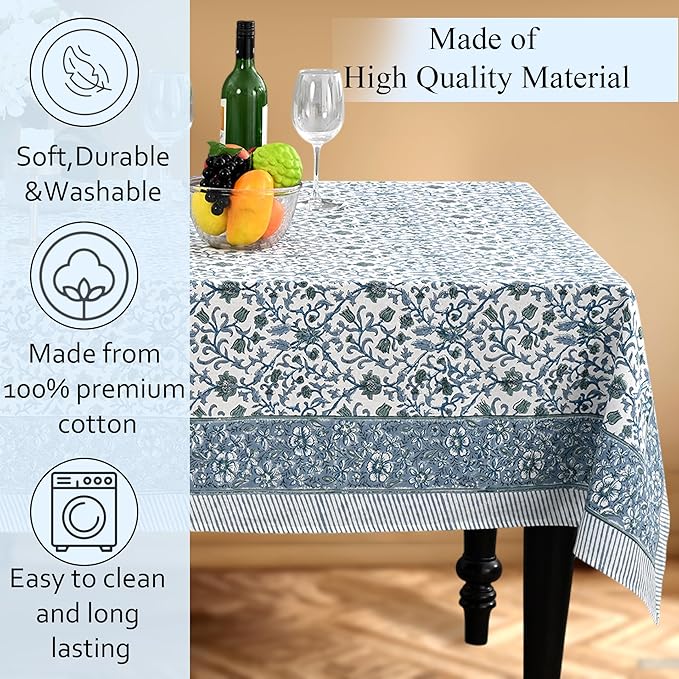 CPC Ocean Vine Tablecloth 100% Cotton 60x90 Inch Indian Block Print Rectangle Table Cover, Table Cloth for Gifting in Weddings, Halloween, Fall, Christmas, Thanksgiving