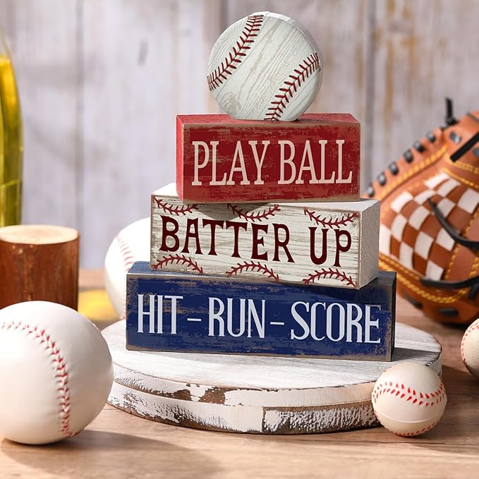4 Pcs Baseball Decorations Sports Wooden Sign Baseball Centerpieces for Tables Tiered Tray Decor Decorative Mini Faux Book Stack Block for Bedroom Boys Room Party Coffee Mantel Shelf