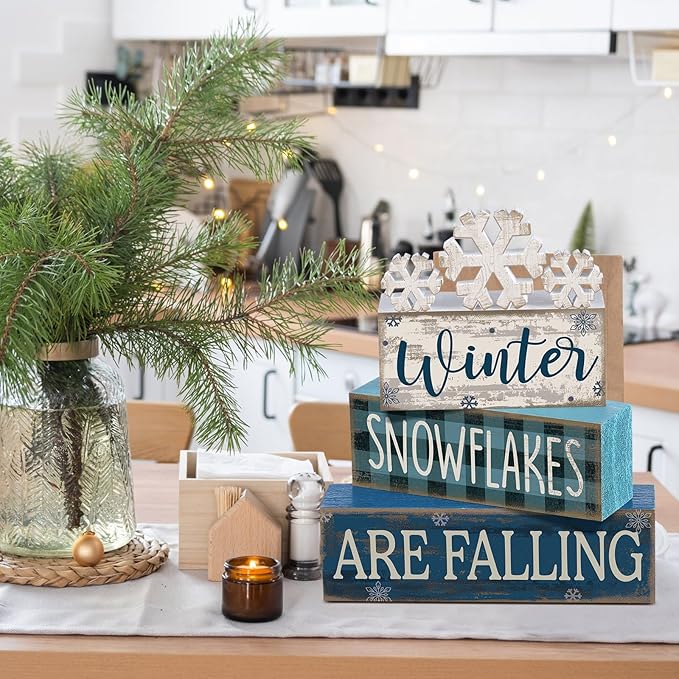 6 Pcs Winter Snowflakes Table Decorations Christmas Snowflake Centerpieces for Tables Winter Tiered Tray Decor Rustic Wood Snow Sign Farmhouse for Wonderland Party Kitchen Shelf Home