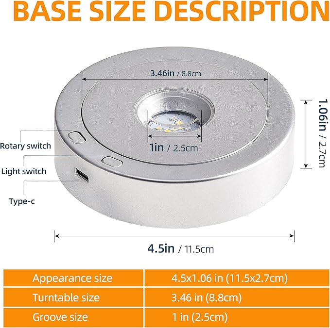 EUSTUMA Rotating LED Display Base Colorful Light Crystal Display Base Stand,Suitable for Glass Crystal Spherical Artwork,Holiday Party Decoration. (silver)