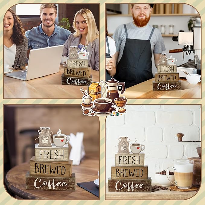 5 Pcs Wooden Coffee Bar Decor Cocoa Tiered Tray Decor Rustic Wood Bar Sign Gift Farmhouse Table Top Centerpiece Stacks Block Sign for Home Shelf Mantel Kitchen