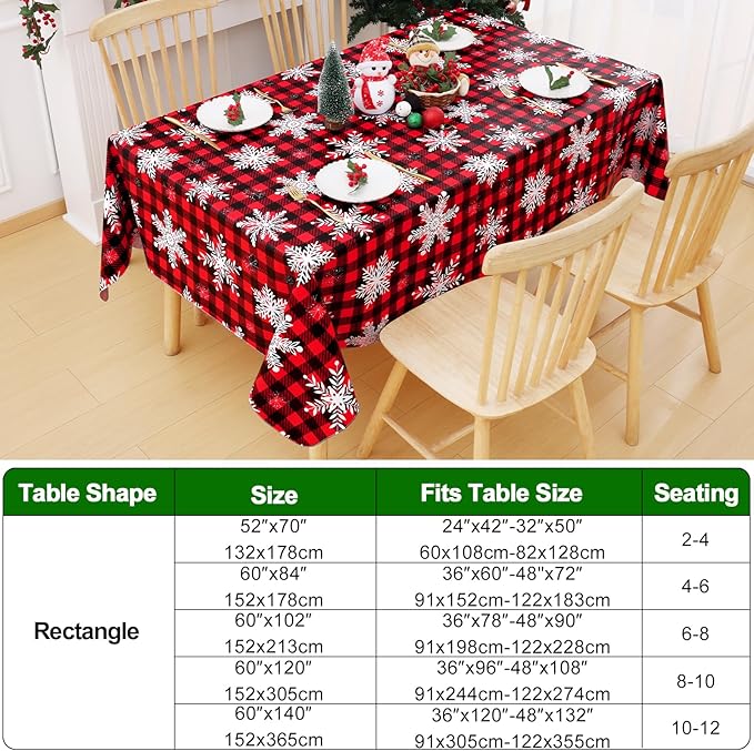 Smiry Christmas Rectangle Table Cloth, Waterproof Vinyl Tablecloth with Flannel Backing, Wipeable Bufflo Checked Snowflake Plastic Tablecloths for Christmas Table Decorations, (60"x102", Black & Red)