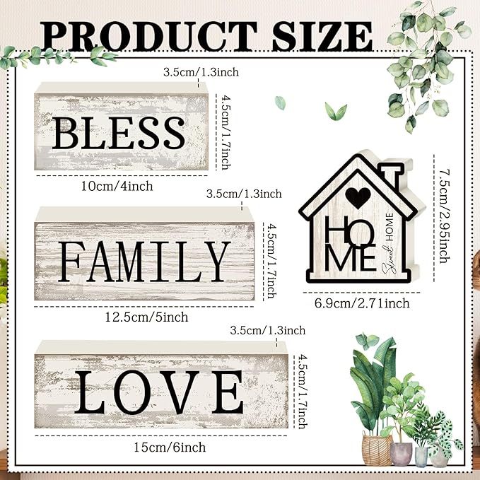4 Pcs Farmhouse Wooden Tabletop Decor Sweet Home Tiered Tray Decor Rustic Retro Wood Bless Family Love Block Sign Gift Neutral Centerpiece Farmhouse Table Sign for Home Shelf Mantle